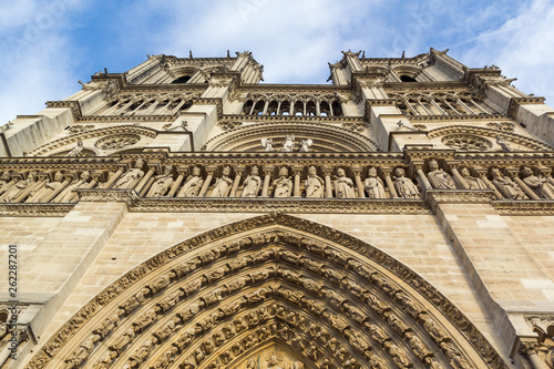 Cathedral Notre Dame de Paris, facade over main entrance. Paris France.