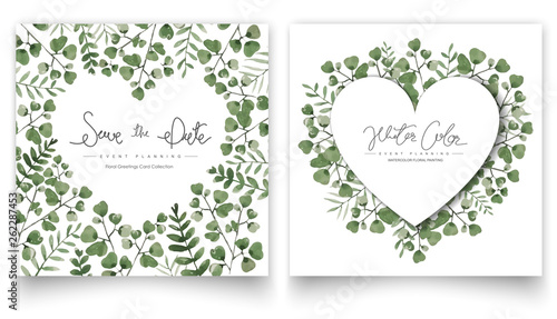 Set of watercolor green leaves cards.