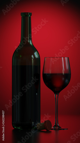 Wine bottle and crystal glass on red light background, dark style, 3d render