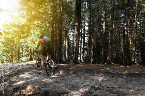 Group of cyclists riding bikes down forest trail © New Africa