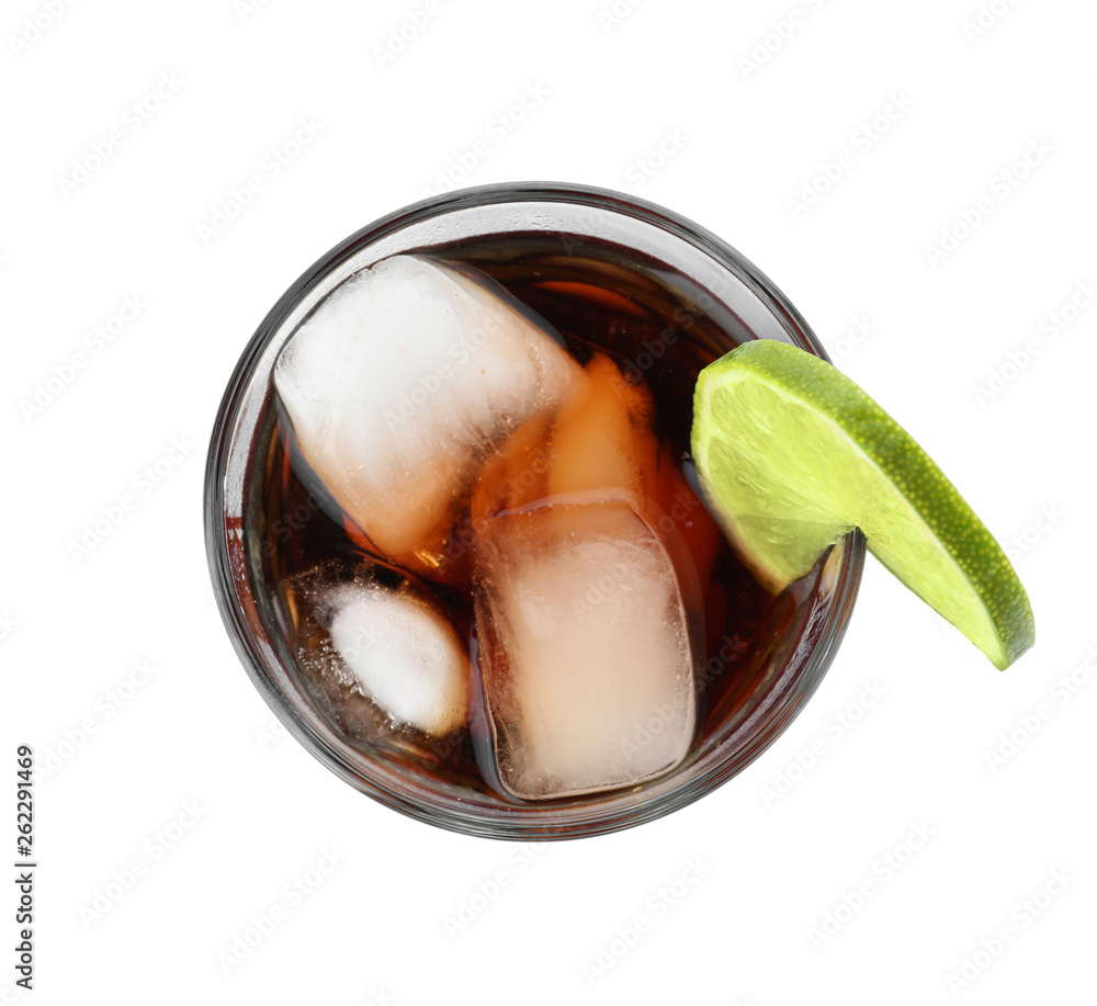 Glass of Rum and Cola cocktail on white background, top view. Traditional alcoholic drink - obrazy, fototapety, plakaty 