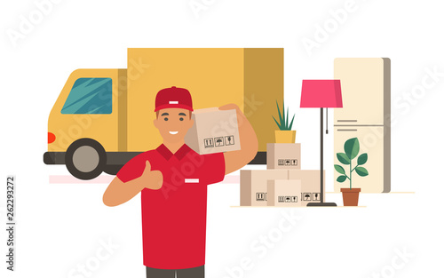 Moving House. Delivery man with cardboard boxes
