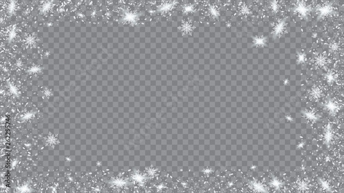 Glitter snowflakes background. Holiday picture of the Christmas banner. Bbright, White, Shimmer, Glowing, Scatter, Falling on a Transparent background.