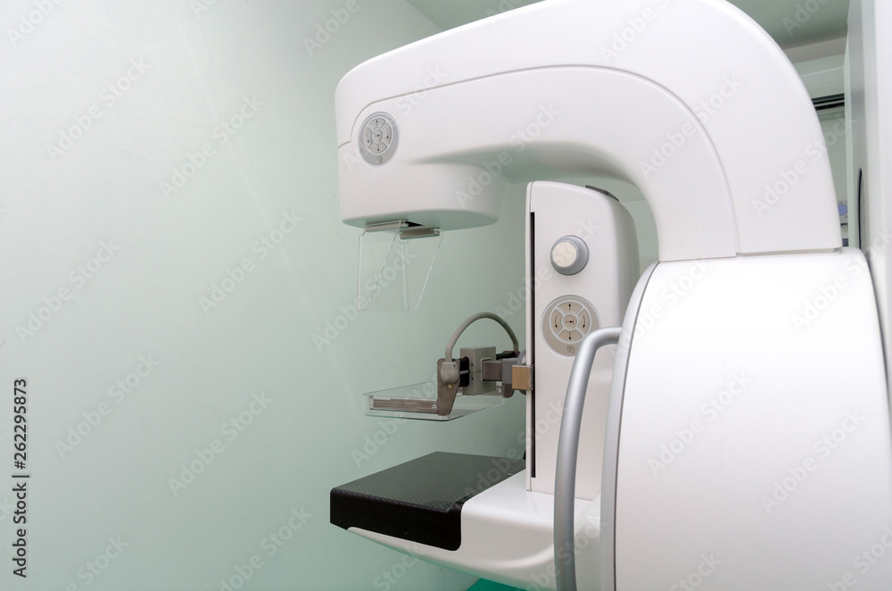 operating room with Mammography X-Ray System Machine in hospital, laboratory, cancer and disease treatment, history patient record report, research medical diagnosis and health care technology concept
