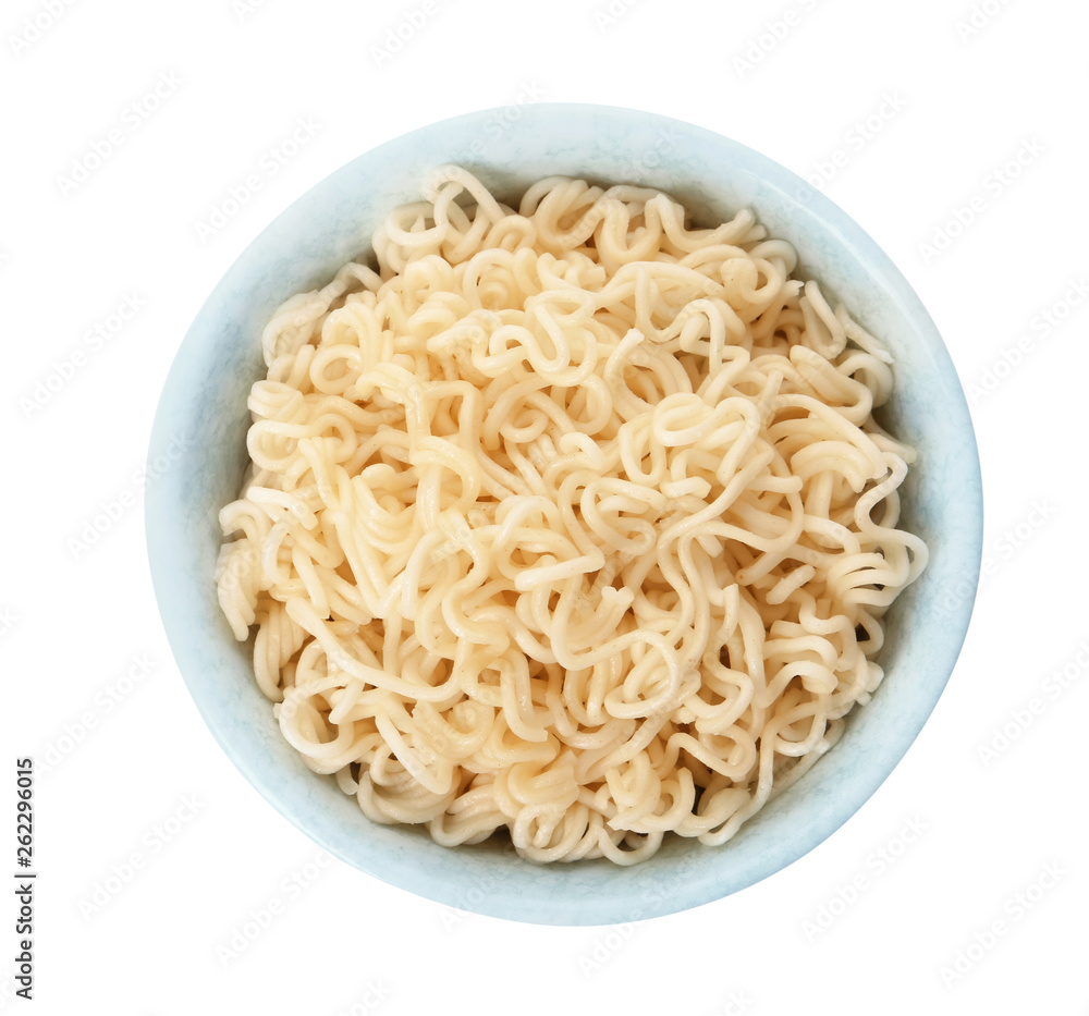Tasty instant noodles in bowl isolated on white, top view Tasty instant noodles in bowl isolated on white, top view