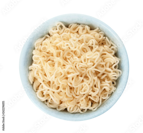Tasty instant noodles in bowl isolated on white, top view