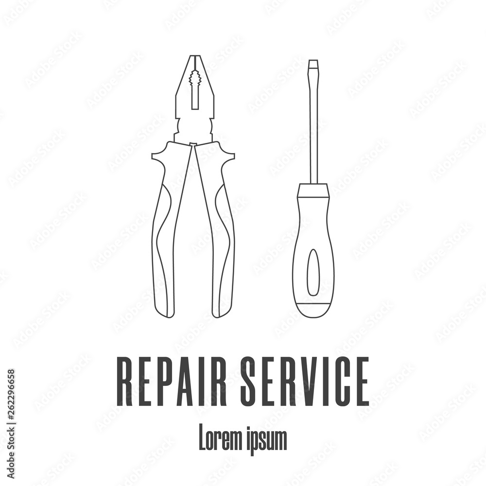 Line style icons of a screwdriver and pliers. Repair service logo. Clean and modern vector illustration. Line style icons of a screwdriver and pliers. Repair service logo. Clean and modern vector illustration.