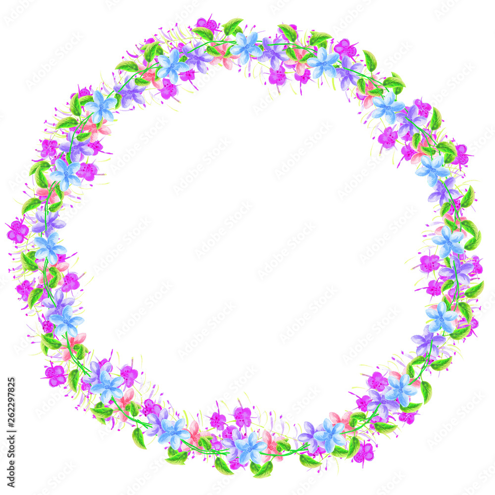 Round frame with flowering wildflowers. Watercolor hand drawn painting illustration isolated on a white background. Illustration for greeting card.