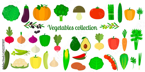Set collection of vegetables and greens  mega icons set of thirty eight elements on white background. For your design of cards  scrapbooking  crafting. Flat design  vector illustration