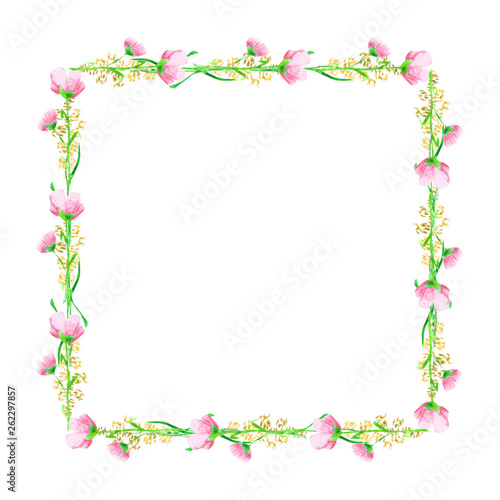 Watercolor square frame. Hand drawn floral card design. Pattern of wild flowers.