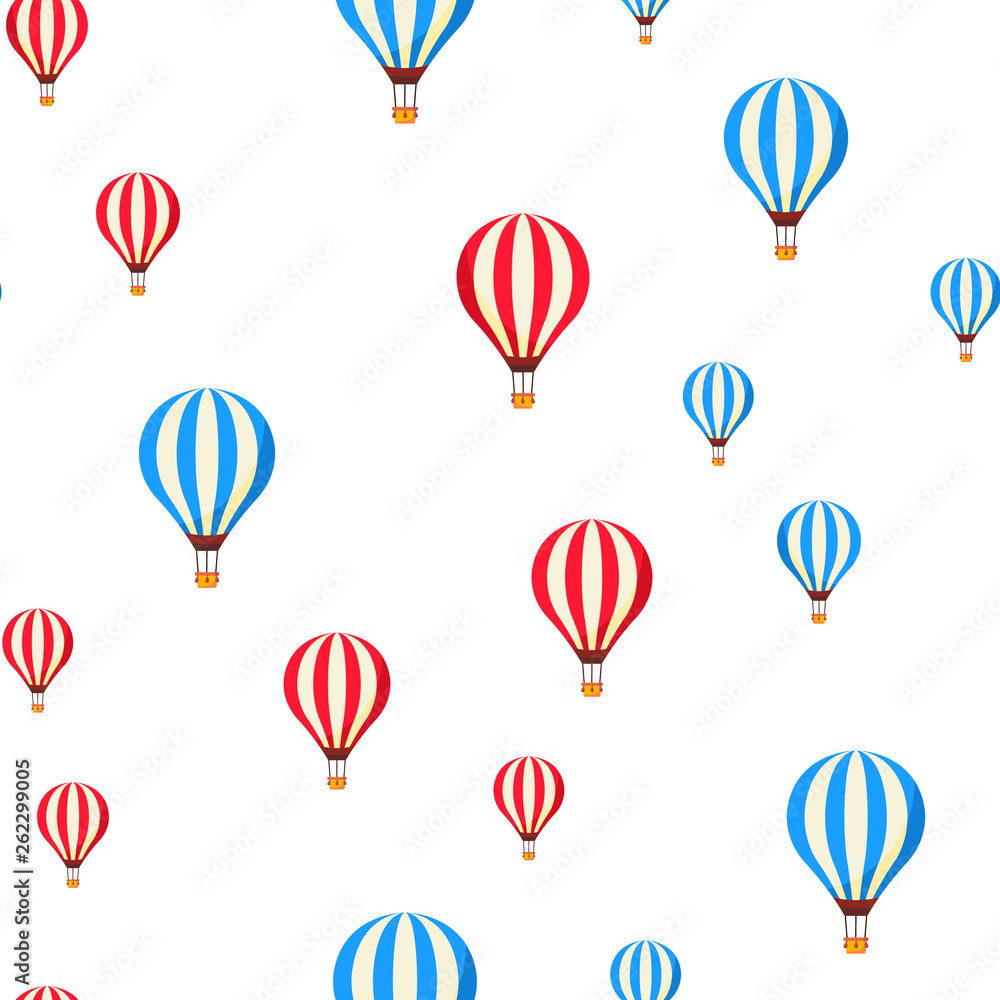 Air Balloons Flying Cartoon Vector Seamless Pattern. Blue And Red Striped Hot Air Balloons Textile, Fabric, Backdrop. Vintage Airships On White Background. Traveling And Tourism Flat Illustration