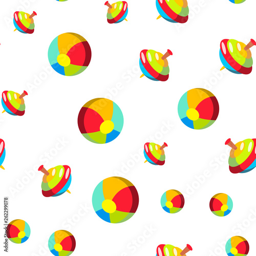 Children, Baby Toys Cartoon Vector Seamless Pattern. Multicolor Plastic Toys Textile, Backdrop. Striped Beach Ball, Retro Spinning Top Background. Kids Leisure Activities, Games Flat Illustration