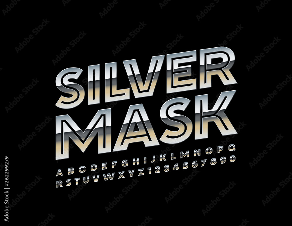 Vector elegance sign Silver Mask. Metallic abstract Font. Uppercase Alphabet Letters and Numbers