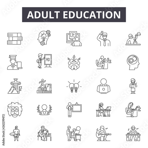 Adult education line icons, signs set, vector. Adult education outline concept illustration: adult,education,university,study,school,learning,knowledge