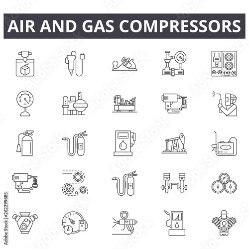 Air and gas compressors line icons, signs set, vector. Air and gas compressors outline concept illustration: compressor,gas,air,industrial,equipment,power,tool