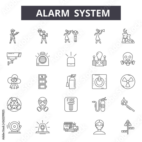 Alarms system line icons, signs set, vector. Alarms ystem outline concept, illustration: security,alarm,system,safety,protection,set