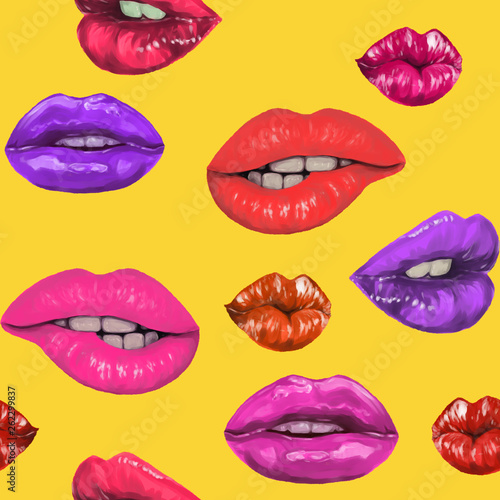 Seamless pattern in the 80's style, colored glamor lips. Digital painting, stylish wallpaper and background.