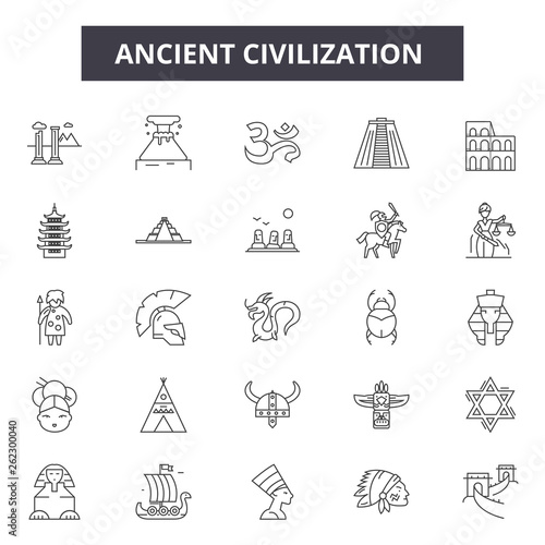 Ancient civilization line icons, signs set, vector. Ancient civilization outline concept illustration: ancient,civilization,culture,history,old
