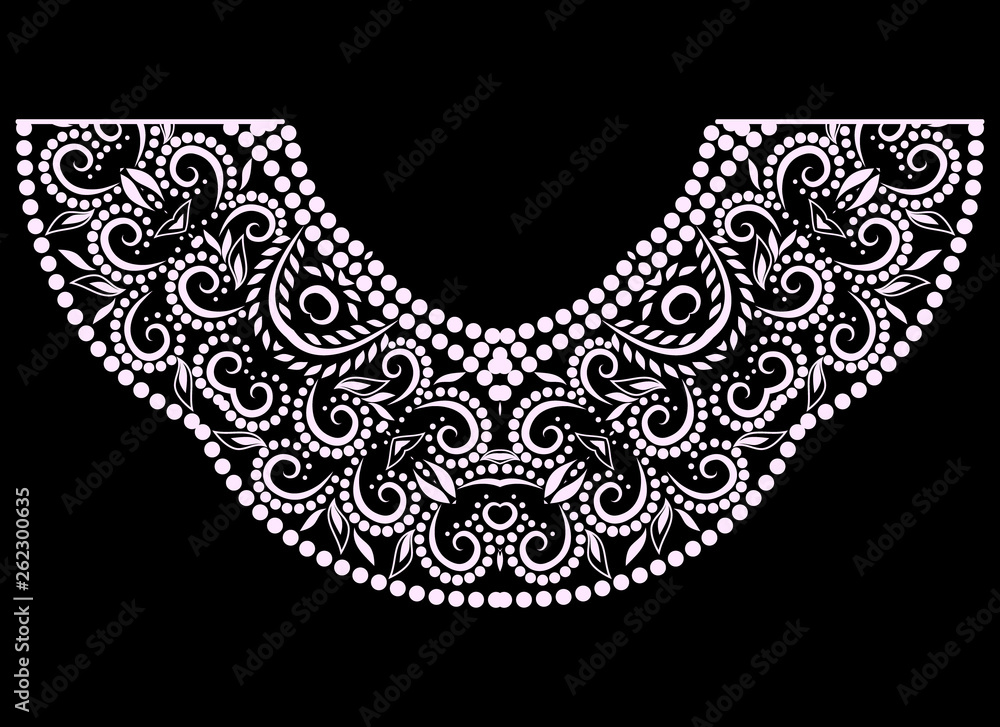 Obraz premium Neckline design. Black and white floral lace pattern. Vector print with decorative elements for embroidery, for women's clothing.