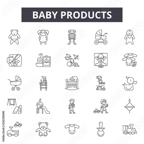 Baby products line icons, signs set, vector. Baby products outline concept illustration: baby,product,bottle,debib,child