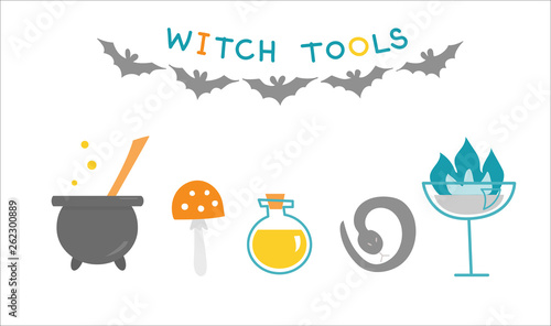 Festive composition on the theme of potion-making and magic. Set of witches. Good for use on a Halloween or a children's holiday.
