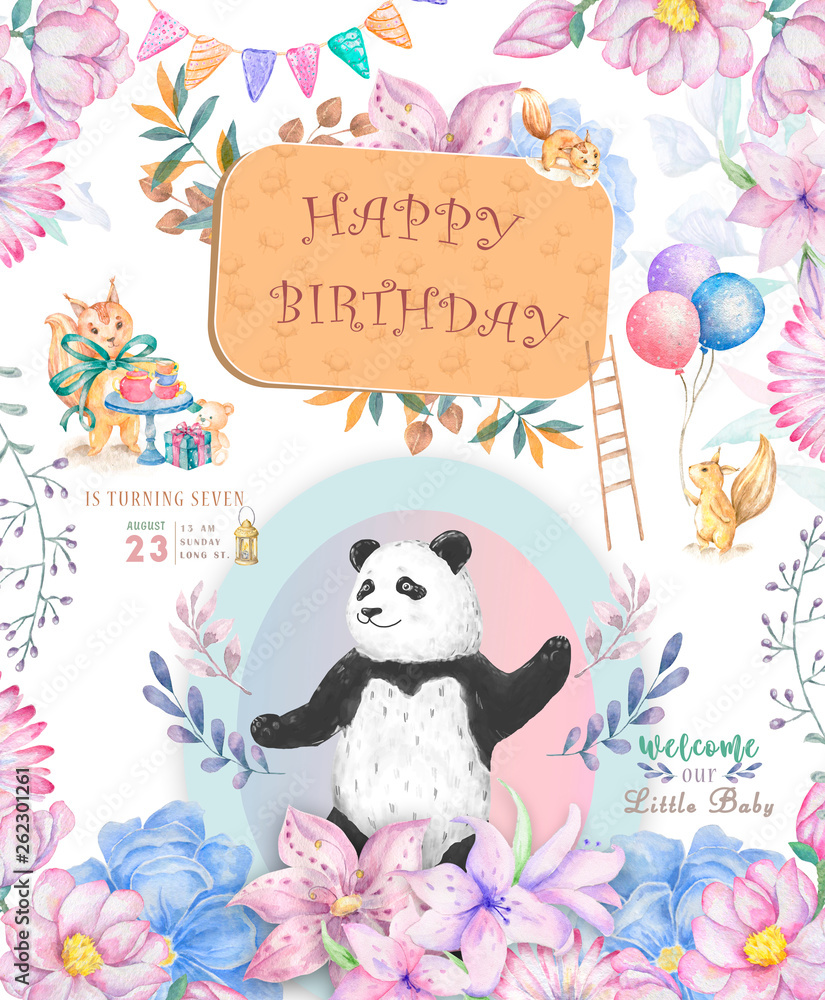 Happy Birthday card design with cute panda bear and boho flowers and ...