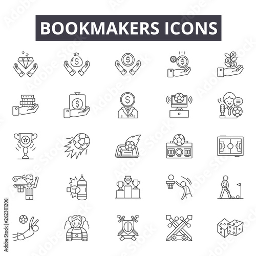 Bookmakers line icons, signs set, vector. Bookmakers outline concept illustration: bookmaker,game,sport,play,design