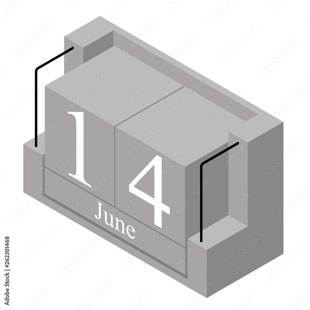June 14th date on a single day calendar. Gray wood block calendar present date 14 and month June isolated on white background. Holiday. Season. Vector isometric illustration June 14th date on a single day calendar. Gray wood block calendar present date 14 and month June isolated on white background. Holiday. Season. Vector isometric illustration