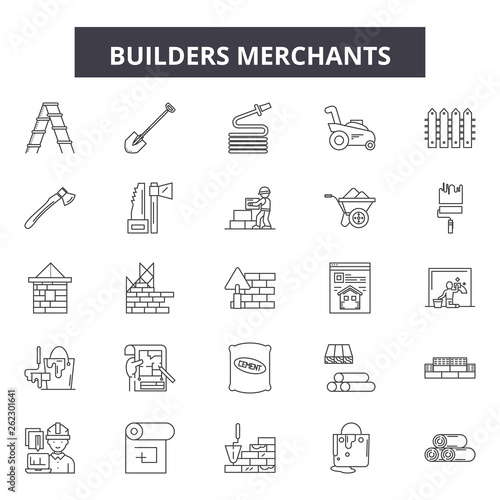 Builders merchants line icons, signs set, vector. Builders merchants outline concept illustration: merchant,builder,elements,work,trader,professor,seller,worker,teacher