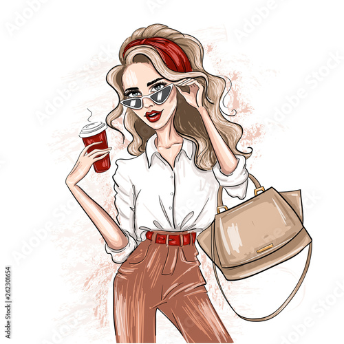 sketched woman with red accessories
