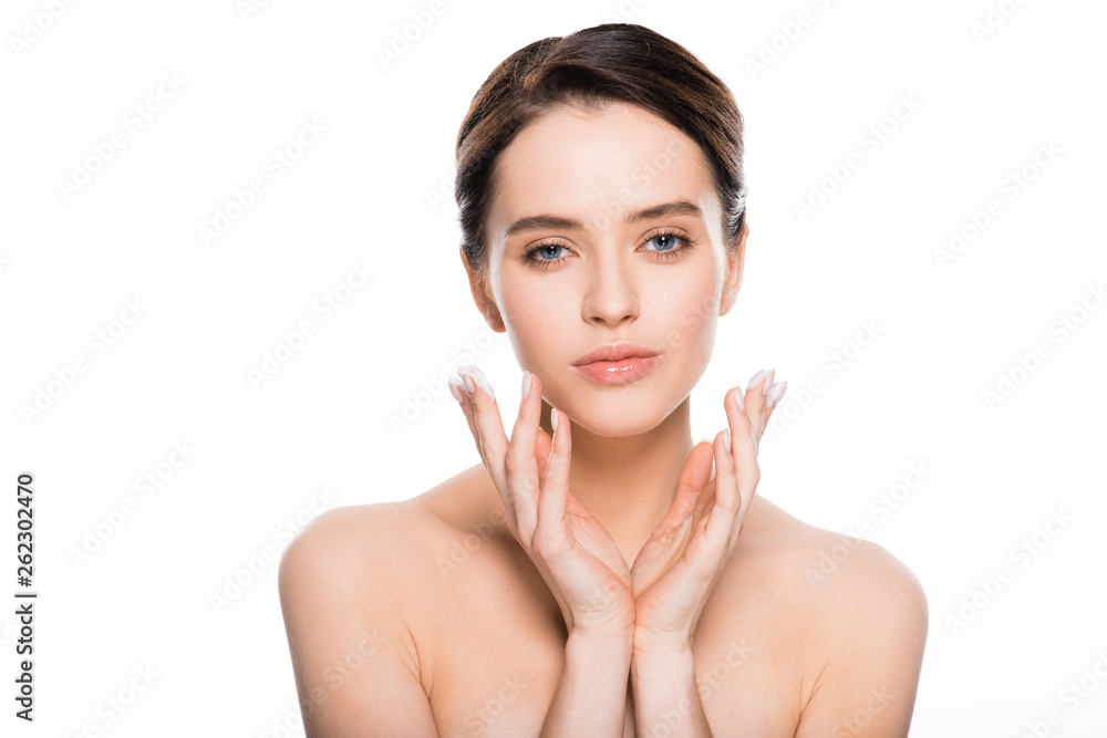 smiling naked young woman looking at camera isolated on white smiling naked young woman looking at camera isolated on white