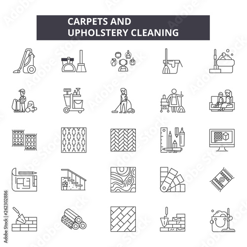 Carpets and upholstery cleaning line icons, signs set, vector. Carpets and upholstery cleaning outline concept illustration: upholstery,carpet,pictogram,service,cleaning,logo