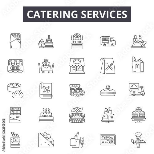 Catering services line icons, signs set, vector. Catering services outline concept illustration: catering,service,restaurant,dinner,food,lunch,menu