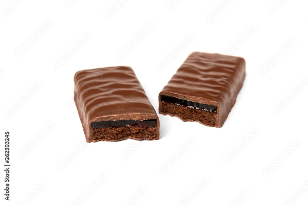Chocolate bar with cherry jelly isolated on white background. Chocolate bar with cherry jelly isolated on white background.