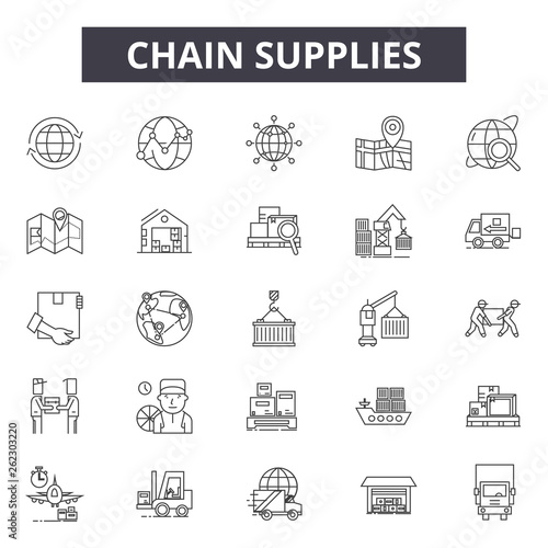 Chain supplies line icons, signs set, vector. Chain supplies outline concept illustration: business,supply,chain,transportation,industry,delivery,truck,warehouse,concept