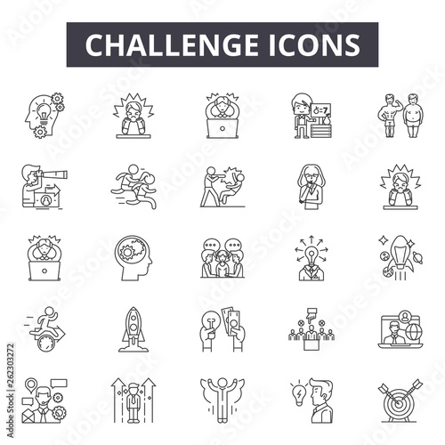 Challenge line icons, signs set, vector. Challenge outline concept illustration: challenge,business,success,achievement,successful,leadership,mountain