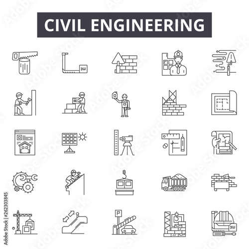Civil engeneering line icons, signs set, vector. Civil engeneering outline concept illustration: skyhouse,web,civil,dehelmet,builder,construction