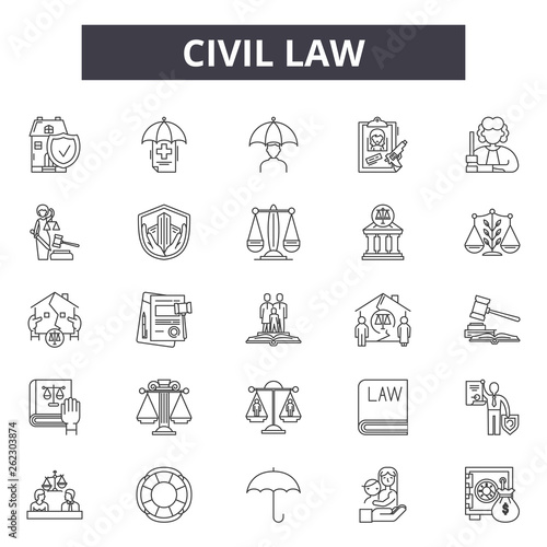 Civil law line icons, signs set, vector. Civil law outline concept illustration: lawyer,business,law,judge,criminal,civil,court,line