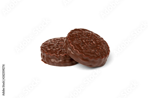 Chocolate cookies with boiled condensed milk isolated on white background. Chocolate pie.