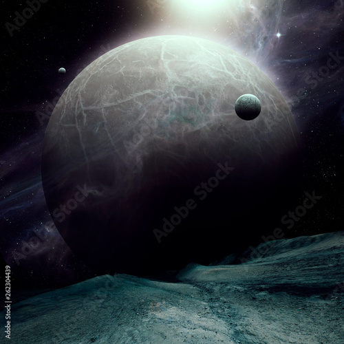 planet rising over alien la...