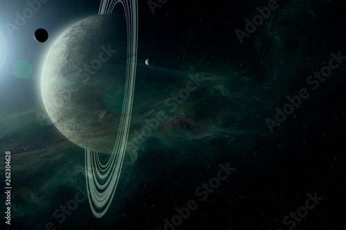 Photo science fiction space scene, planet with rings  and moons in bright star light a