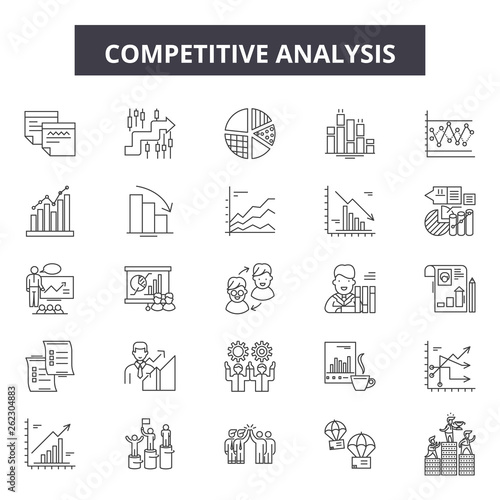 Competitive analysis line icons, signs set, vector. Competitive analysis outline concept illustration: analysis,strategy,business,solution,marketing,success,competition,management,target