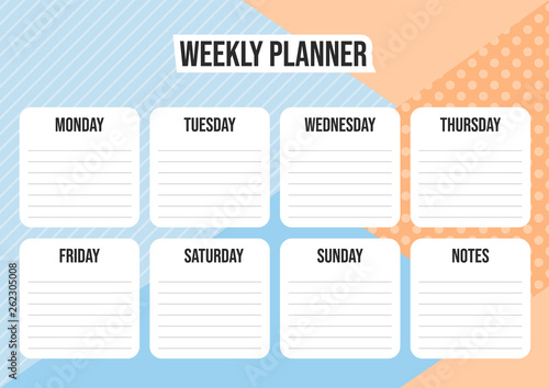 Concept of a weekly planner with abstract geometrical background. Vector