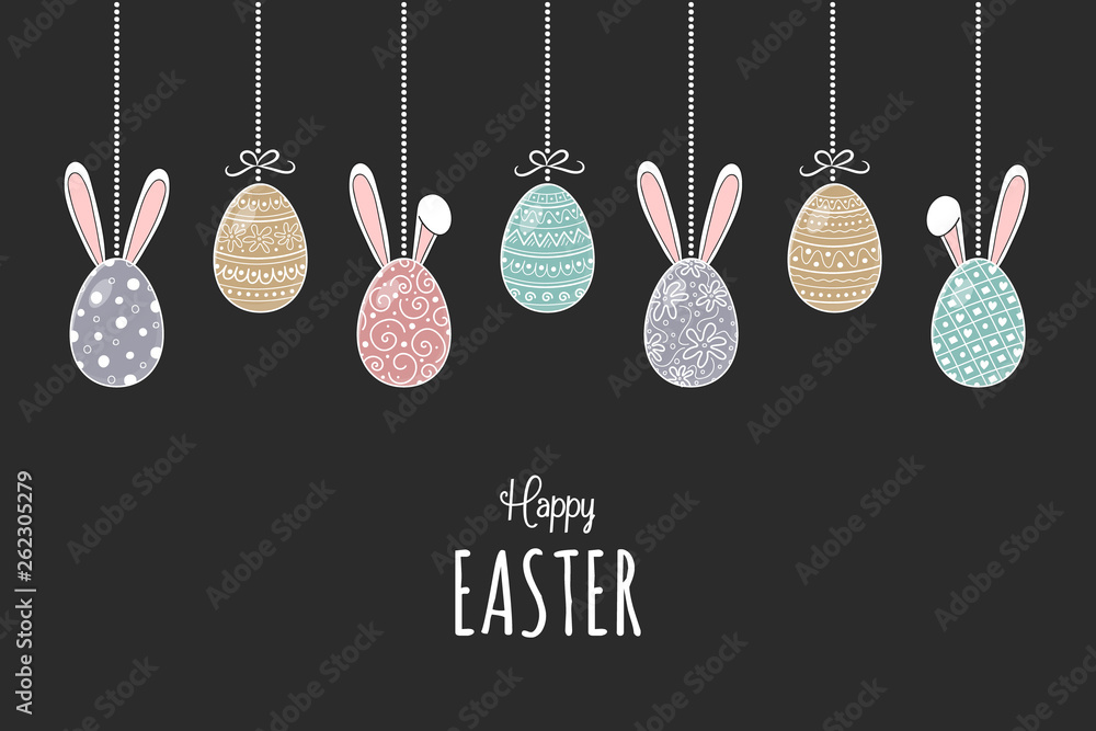 Cute hand drawn Easter eggs with bunny ears and wishes. Vector