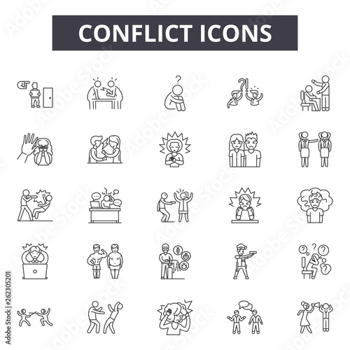 Conflict line icons, signs set, vector. Conflict outline concept illustration: conflict,business,people,deflat