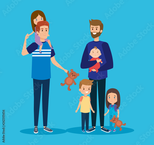 happy fathers friends with their daughter and sons