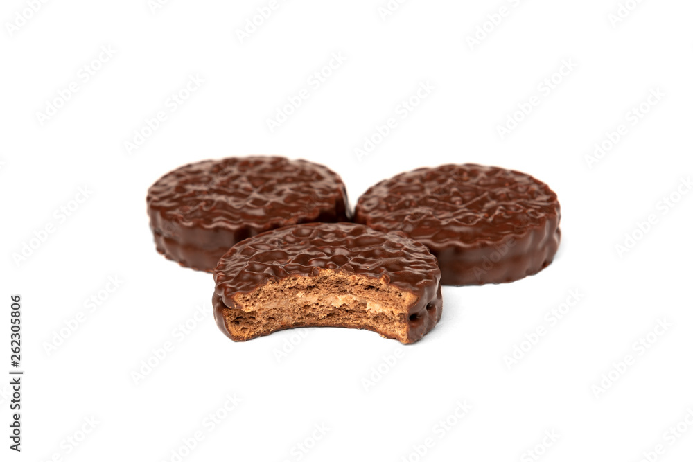 Chocolate cookies with boiled condensed milk isolated on white background. Chocolate pie. Chocolate cookies with boiled condensed milk isolated on white background. Chocolate pie.