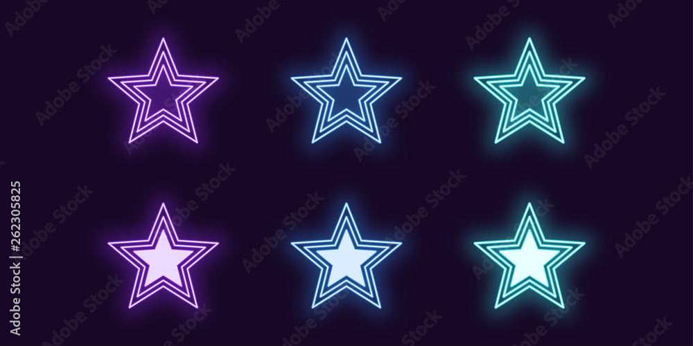 Neon icon set of glowing Star. Vector shiny sign Neon icon set of glowing Star. Vector shiny sign