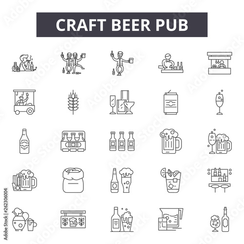 Craft beer pub line icons, signs set, vector. Craft beer pub outline concept illustration: craft,pub,bar,beer,alcohol,brewery,drink,restaurant,label