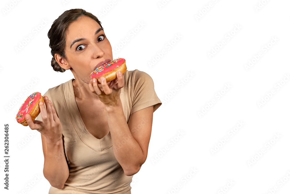Woman eating a huge donut, Breaking diet with a mouth watering cake Woman eating a huge donut, Breaking diet with a mouth watering cake